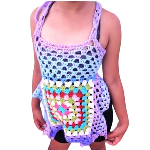 Hand Crafted crop top crochet halter granny square purple festival Rave small - Picture 13 of 17
